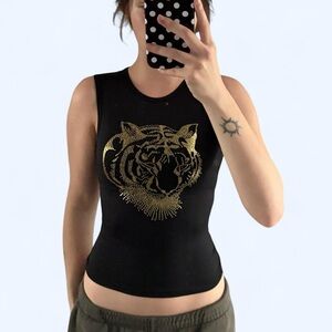 Sleeveless Black Tank Top with Gold Tiger Graphic